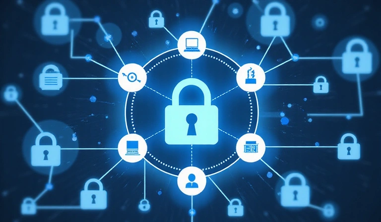 Εικόνα που δείχνει διαμοιρασμό δεδομένων με ασφάλεια, με συνδεδεμένα εικονίδια και κλειδαριές