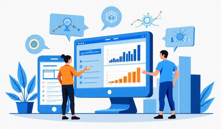 Εικονογράφηση χρήσης δεδομένων για βελτίωση υπηρεσιών, με γραφήματα και εικονίδια αλληλεπίδρασης