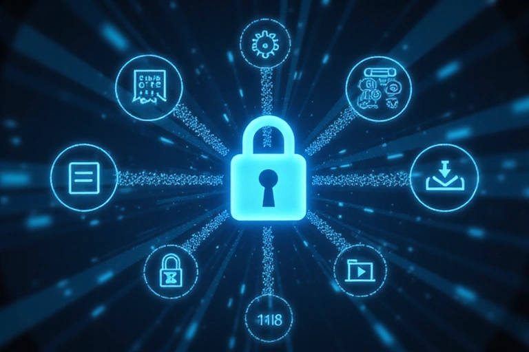 Ψηφιακή ασφάλεια με κλειδαριά και εικονίδια δεδομένων