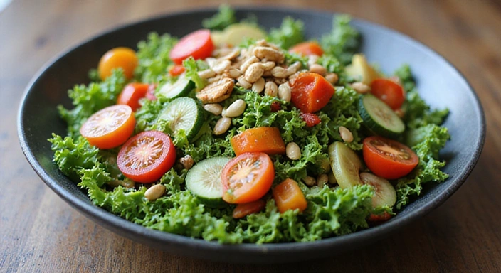 Ένα μπολ με πολύχρωμη σαλάτα, γεμάτο φρέσκα λαχανικά, ξηρούς καρπούς και σπόρους, υποδηλώνοντας ένα υγιεινό γεύμα.