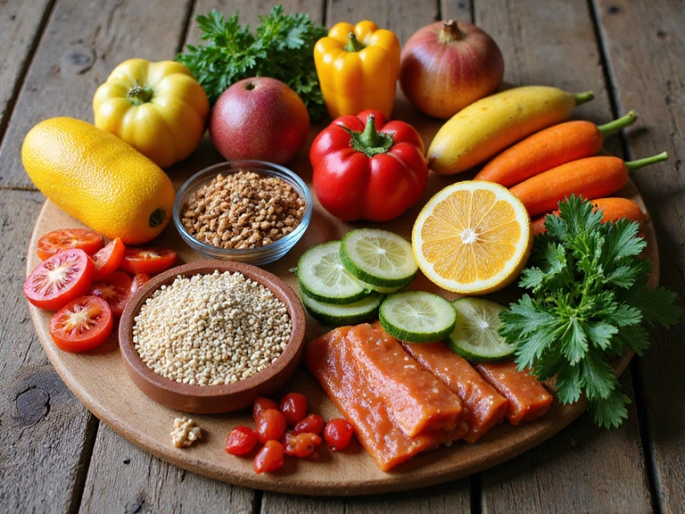 Εικόνα με διάφορα υγιεινά τρόφιμα, όπως φρούτα, λαχανικά και δημητριακά, σε ένα όμορφα διατεταγμένο τραπέζι.