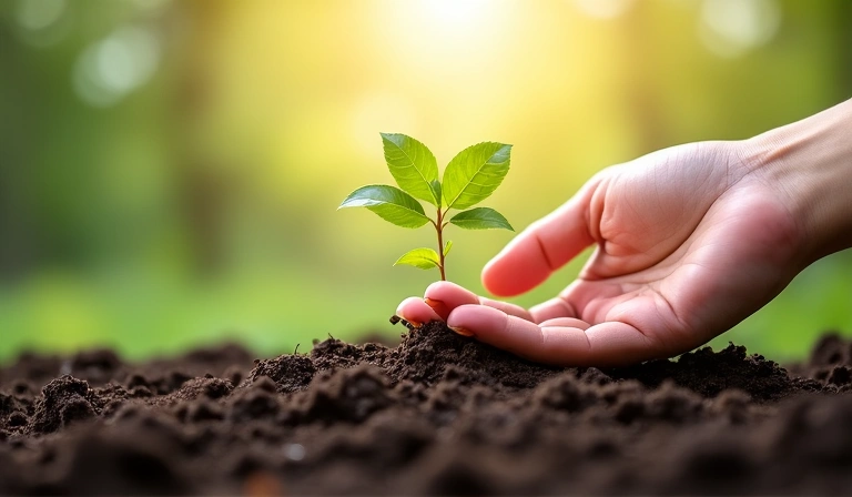 Εικόνα που συμβολίζει την αποστολή μας: ένα χέρι που φυτεύει έναν μικρό βλαστό σε γόνιμο έδαφος, ενώ το φως του ήλιου λάμπει από πάνω, υποδηλώνοντας ανάπτυξη, υγεία και φροντίδα.